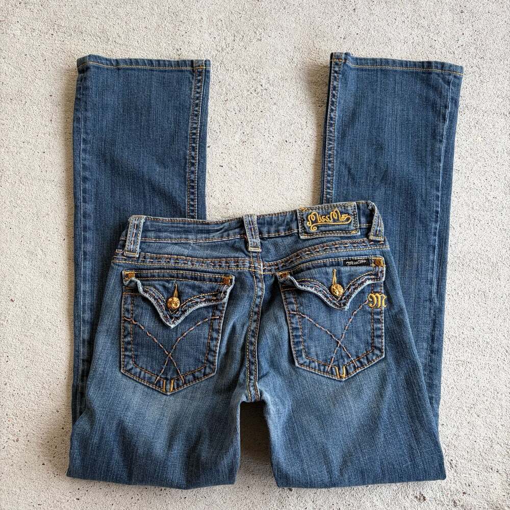 Miss Me Low Rise Flap Pocket Embellished Bootcut Blue Jeans